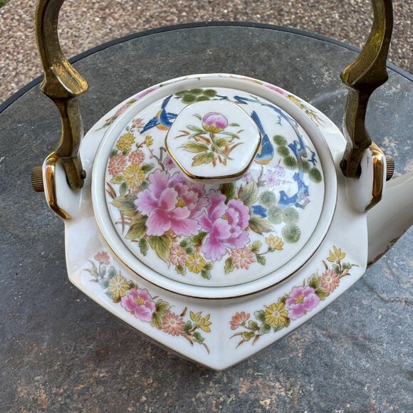 Vtg Homco Japanese Porcelain Tea Pot Hexagonal Kutani Bird Brass Handle 6" Asian - Picture 6 of 16